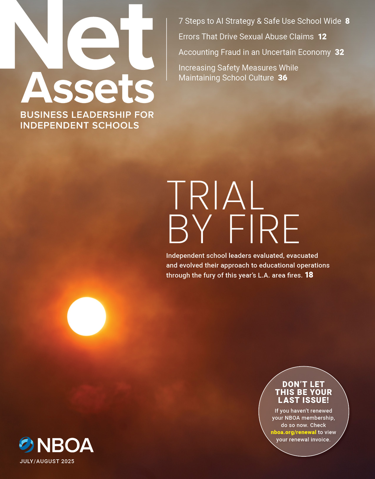 The cover of the July/August Net Assets magazine issue, depicting a red sun covered by smoky clouds. The main text reads "Trial By Fire."