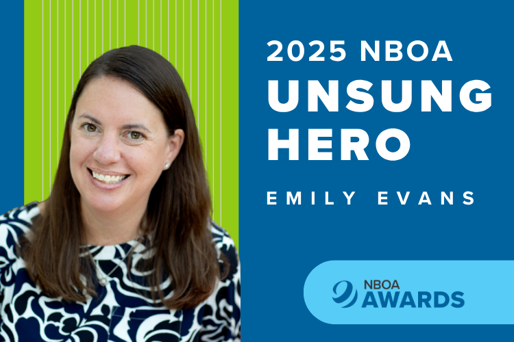 Photo of Emily Evans, a white woman with brown hair, against a blue and green NBOA background