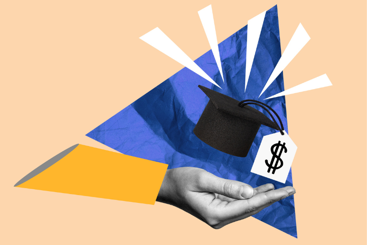 Art collage displaying a human hand and graduation cap with dollar sign against a beige background.