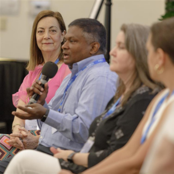 Lisa Turchan Lisa Turchan (left) sits on a leadership panel at the 2025 Business Officer Institute