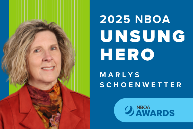 Headshot of Marlys Schoenwetter against a blue and green background