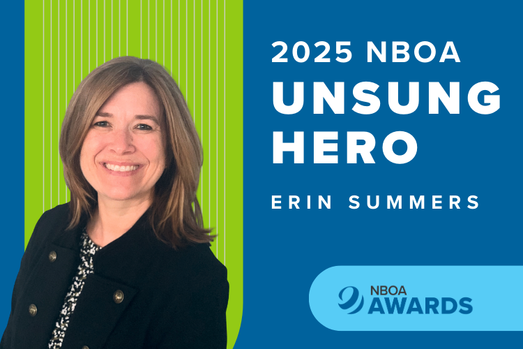 Photo of Erin Summers in front of a blue and green NBOA background.